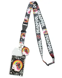 Marvel Deadpool Chibi Lanyard ID Holder With Unicorn And Rainbow Rubber Charm Pendant And Collectible Sticker