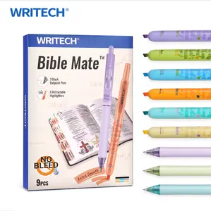 WRITECH Bible Mate Journaling Set: No Bleed Bible Highlighters 0.7mm Black Ink Ballpoint Pens, Fast-Drying Ink, Pastel Colors Highlighter, 9ct