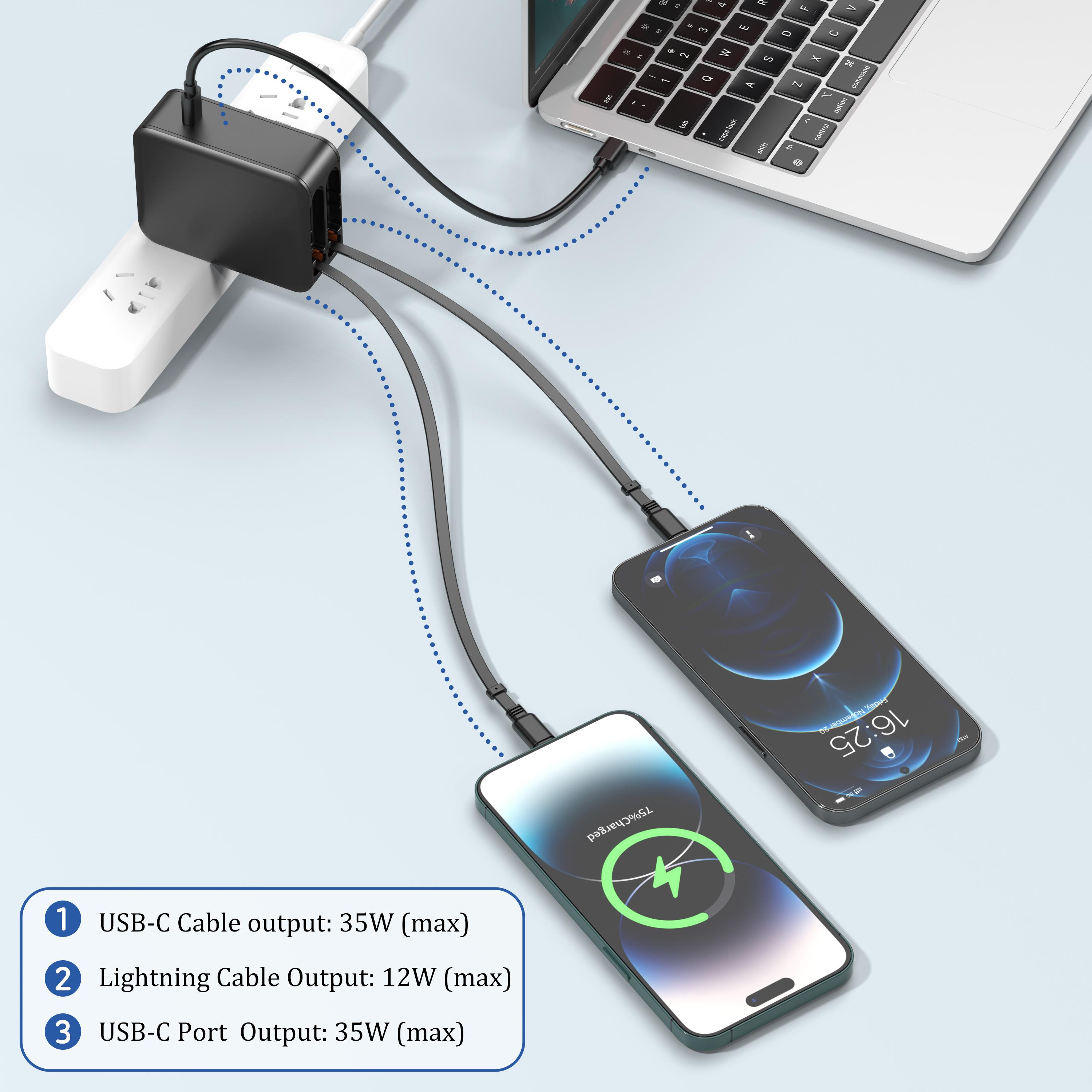 35W Retractable Wall Charger with Dual Cables & 3-Port USB Hub, Fast Charging for iPhone 16/15/14/13/12/11, iPad, Tablets, Samsung, LG & More