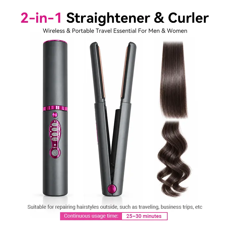 AnaEra 2-in-1 Cordless Flat Iron Straightener & Curling Hair Curling Iron, Portable Rechargeable Styling Tool, Fast Heat-Up, 3 Adjustable Temps, Type-C Charging, Lightweight Travel Hair Appliance
