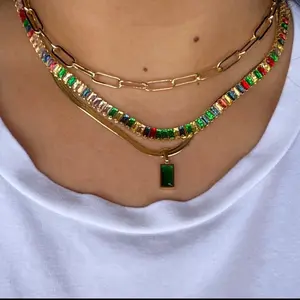 Rainbow Tennis Necklace, Rainbow Baguette Tennis Chain, Tennis Necklace, Rainbow Stones Gold Tennis Chain