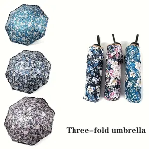 1pc 3 Fold Manual Unisex Umbrella, Reinforced Steel Frame, Small Floral Pattern, UV Protection, Compact Folding Design, Durable Vinyl Fabric