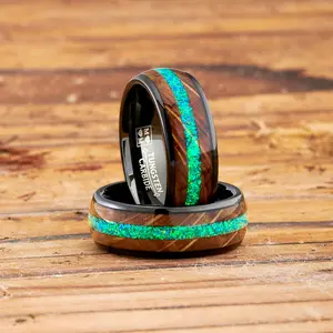 Mens Black Tungsten Engagement Ring Whiskey Barrel Green Opal Inlay Wedding Band 8MM