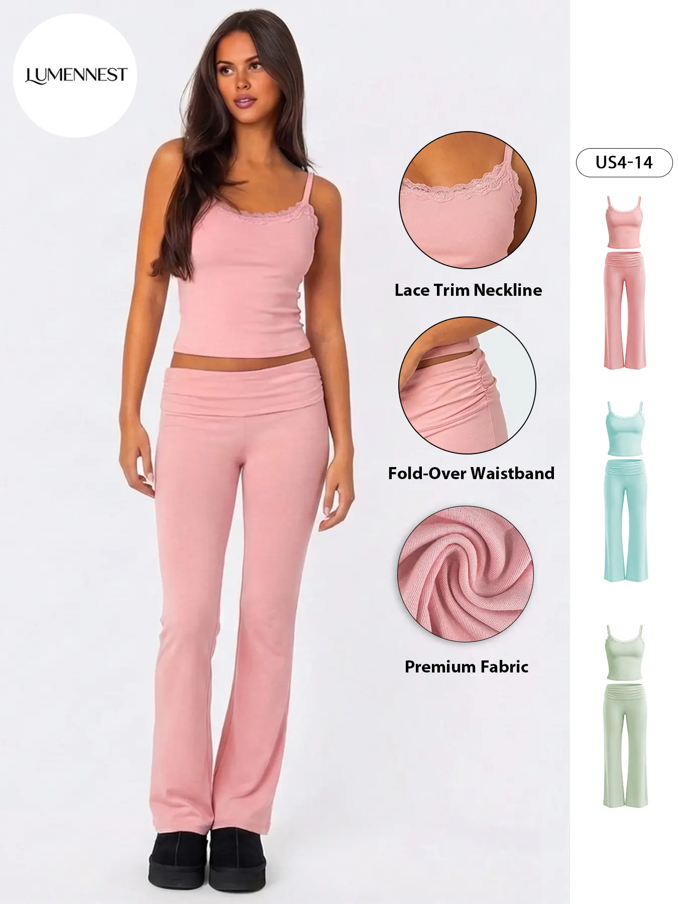 LUMENNEST Women's Elegant Solid Color Lace Trim Ribbed Camisole & Folded Waist Slightly Flared Trousers Co-ord, Basic Thin Strap Top & Stretch Trousers Two Piece Outfits