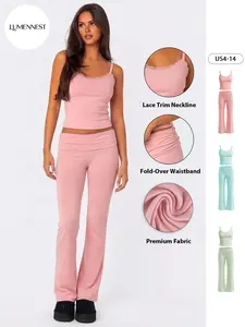 LUMENNEST Women's Elegant Solid Color Lace Trim Ribbed Camisole & Folded Waist Slightly Flared Trousers Co-ord, Basic Thin Strap Top & Stretch Trousers Two Piece Outfits