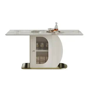 Donext 63" Modern Foldable Dining Table for 4-6 People with Storage Shelf Acrylic Door Cabinet Sintered Stone Tabletop Golden Solid Wood Base Ideal for Apartments and Family Use