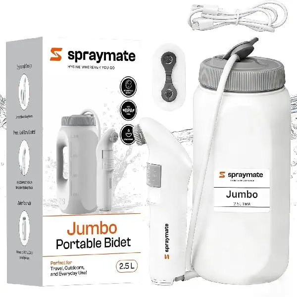 Portable Bidet for Travel & Home – Electric High Pressure Rechargeable Bidet for Women & Men | 2.5L Bottle | 1300ML/Min Flow | USB-C | 1600mAh Battery | USA Brand – Spray Mate Jumbo (White)