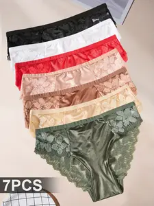 7 Piece Women's Sexy Floral Lace Trim Panties Underwear Set, Soft Satin Fabric, Mid Waist Contrast Lace, All Seasons Comfort, Stylish, Chic and Elegant