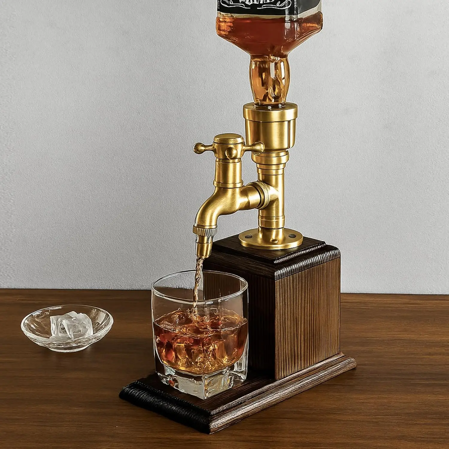 Steampunk Whiskey Dispenser with Wood Base & Brass Tap| Industrial Mancave Bar Decor & Home Bar Accessory| Gift for Him, Father’s Day, Birthday