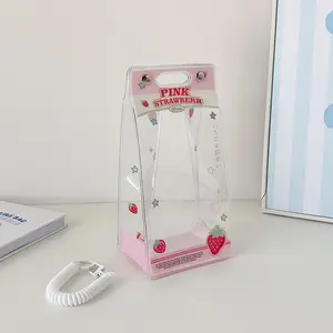 Cartoon Strawberry Pattern Clover Transparent Design Stroller Bag, Girl's Outdoor Doll Display Bag, Student Pendant Doll Bag, Pain Bag