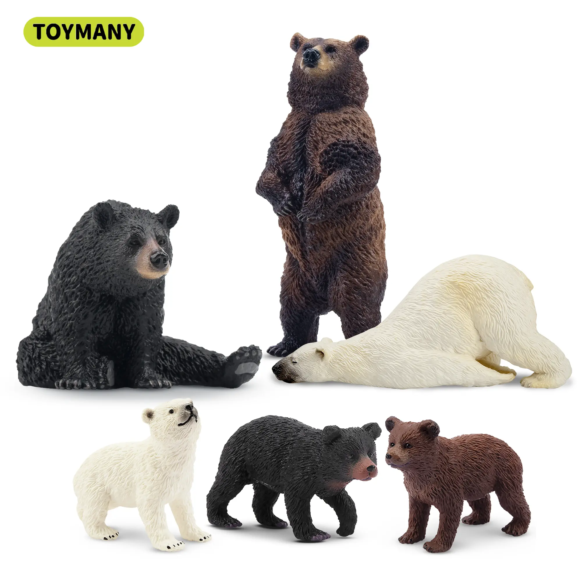 TOYMANY 6PCS Unisex Wild Bear Action Figure Set - Animals (Brown-Black-Polar Bear Family with Cubs), High-Quality Durable PVC Solid Plastic Educational Toy for Age 3+, Children Development, Cake Toppers