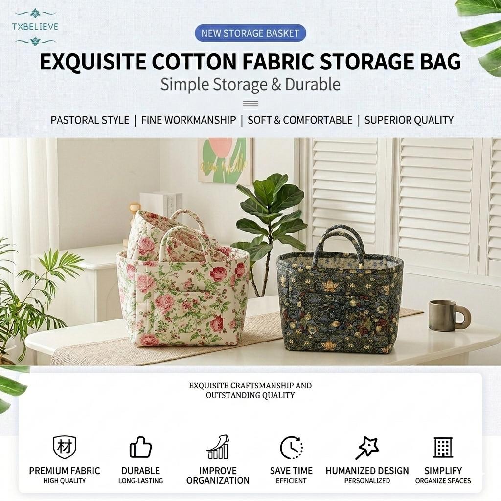 Quilted Fabric Storage Basket with Handles – Boho Foldable Floral Organizer Bin for Home, Picnic, Shopping, Travel