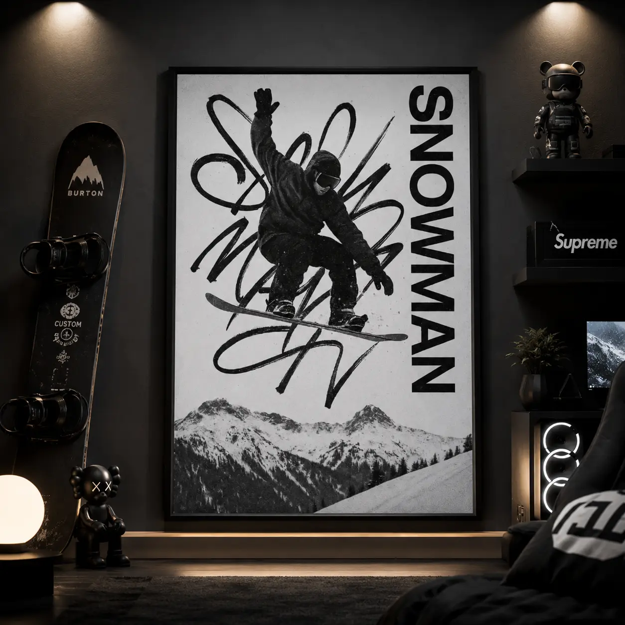 Snowboarder Canvas Wall Art Poster, Black and White Snow Mountain Sports Print, Winter Ski Room Decor for Bedroom Dorm Living Room Studio, Framed or Unframed Multiple Sizes