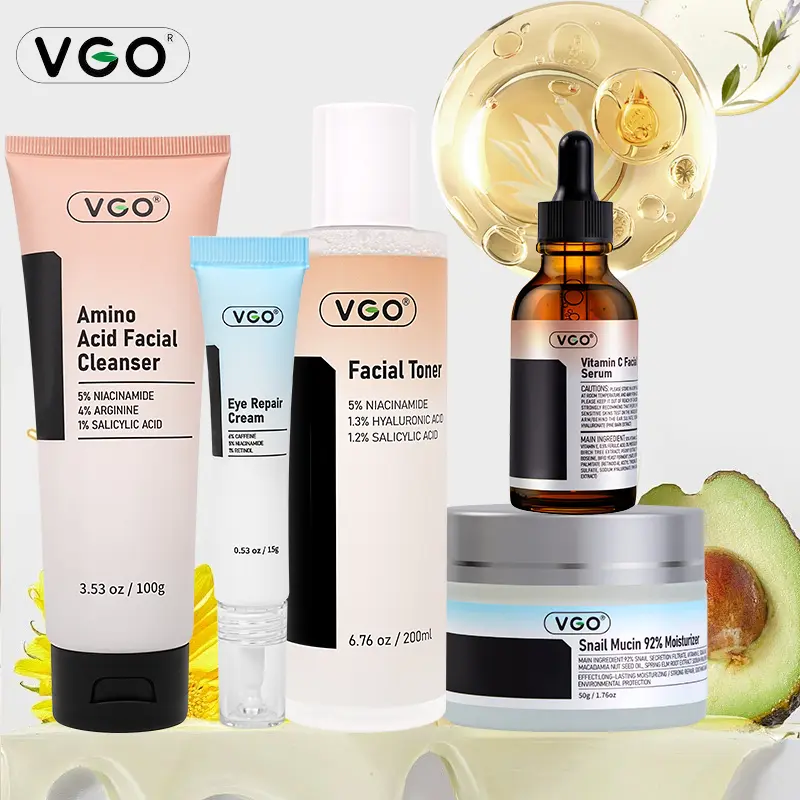 【$49 for 5−Piece Set $78 for 2】VGO Skincare Set - Unisex Adults' Facial Cleansing & Moisturizing Kit with Vitamin C, Hyaluronic Acid, Niacinamide - Gentle, Hydrating Moisturizer for Deep Hydration, Wrinkle Reduction, Skin Repair - All Skin Types