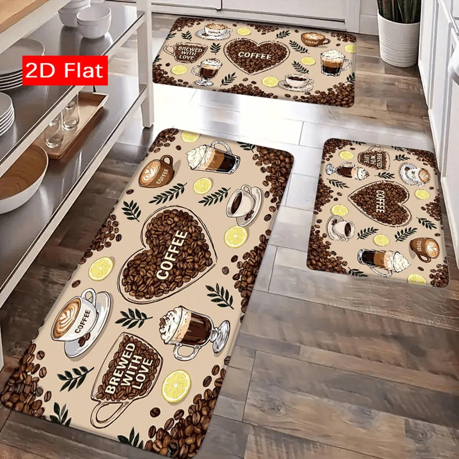 1pc, 2D Flat Kitchen Carpet Mat, Coffee Bean Pattern Design, Lightweight Soft Comfortable Flannel Floor Rug, Suitable for Kitchen, Porch, Entrance, Bedroom, Dining Area, Bathroom, Laundry Room, Doorway, Decorative Indoor Mat