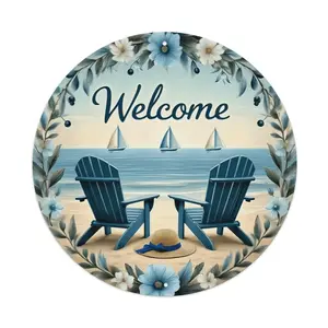 8in Round Beach Chair Sailboat Welcome Metal Sign, Floral Wreath Nautical Ocean View Aluminum Wall Plaque, Coastal Beach House Front Door Summer Decor Gift