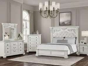 FM70001WH-4PC 4 pc Promenade wire brushed white finish wood button tufted fabric upholstered queen bedroom set