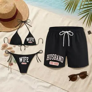 Personalized Husband Wife Swimsuit Set, Custom Year Bikini & Shorts, Matching Couple Beach Outfit, Mr and Mrs Swimwear, EST Year Set Matching Couple Swimwear Set