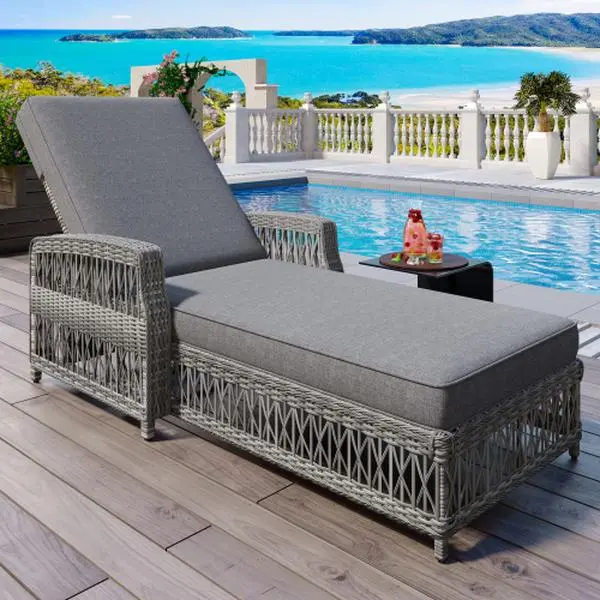 Bellemave Outdoor Wicker Rattan Sunlounger - 77x25x37" Long Reclining Chaise with Fixed Arms, Open Weave All-Weather Rattan, Soft Removable Cushions, Reclined Form for Poolside, Garden, Gray, Assembly Required, Curved