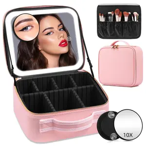 Portable Makeup Bag with 3 Color LED Light Detachable Mirror 2000mAh USB Rechargeable Waterproof PU Leather Organizer,Mother's Day Present for Mom