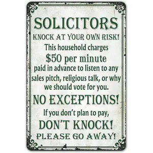 Funny No Soliciting Sign for House, Door Yard Business Go Away Sign, Solicitors Knock at Your Own Risk Signs Don’t Knock Metal Tin Signs 8x12 Inches Wall Art tour poster motivational quote city