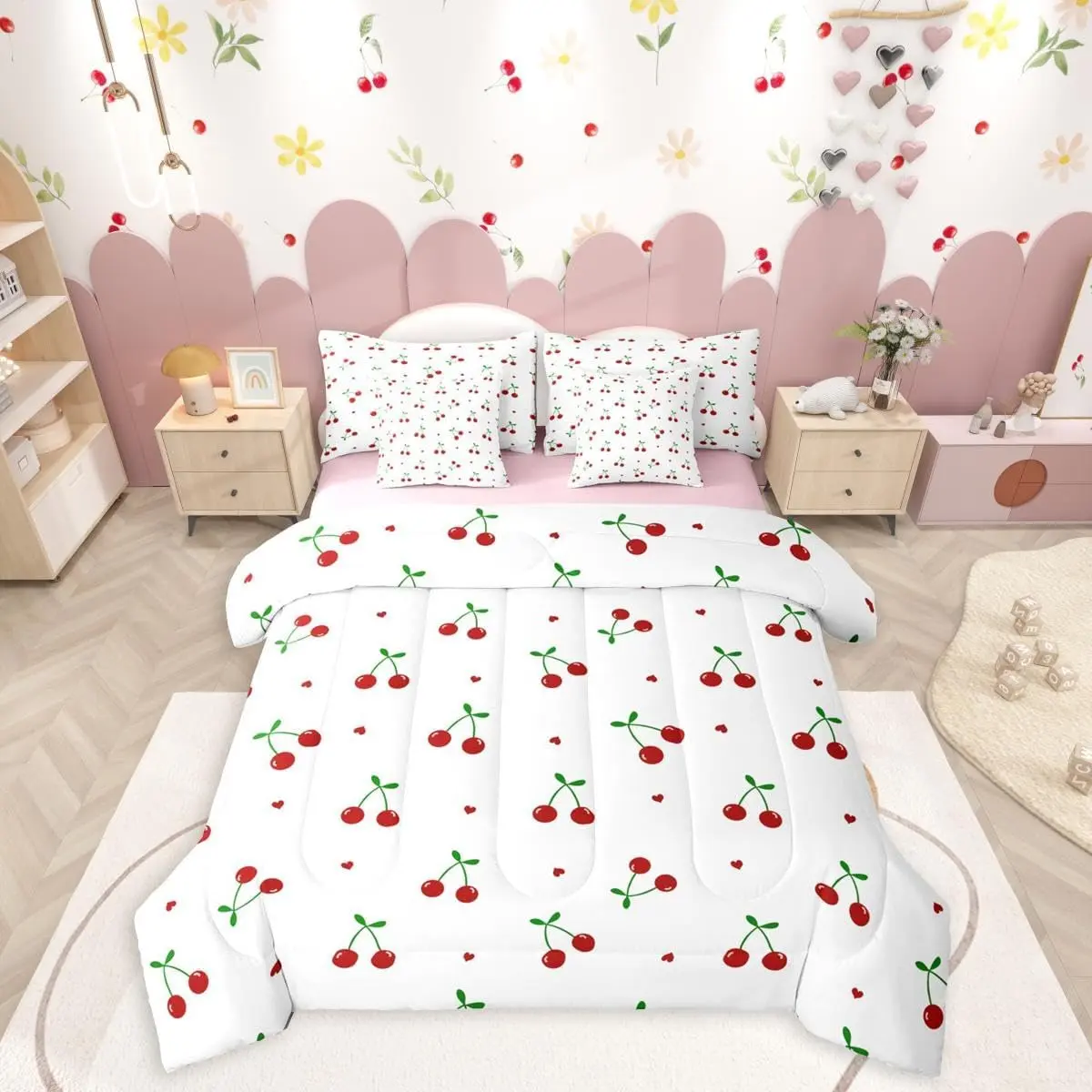 Feelyou 7-Piece Microfiber Beddingsets - Ultra-Soft, Breathable Red Cherry Comforter & Sheet Set with Kawaii Cartoon Summer Fruit Design for Kids' Room Decor (Multi-Size)