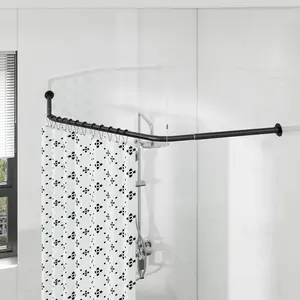 Corner Shower Curtain Rod, Diamond Shaped Shower Pole, Curved Shower Curtain Rod for Bathroom, 304 Stainless with 12 Ring Hooks & Ceiling Support [Sides: 22"-34.8", Middle: 28"-43.7"] (Black)