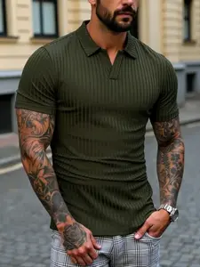 Men's V-Neck Plain Polo Shirt, Fitted Short Sleeve Golf T-Shirt, Soft Knit Ribbed Top, Casual Wear for Outdoor Activities