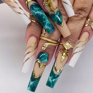 48PCS Long Coffin Press On Nails Acrylic French False Nails with 3D Flower Rhinestone And Cute Heart Design, Handmade Mixed Glossy Fake Nails Set With Adhesive Tape Nail File For Women