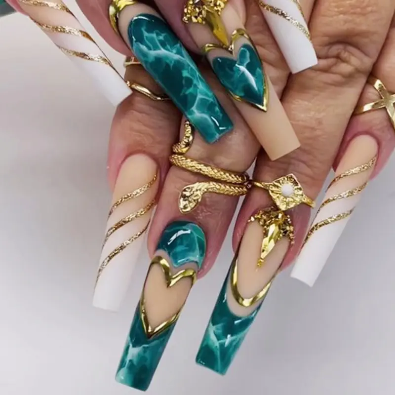 48PCS Long Coffin Press On Nails Acrylic French False Nails with 3D Flower Rhinestone And Cute Heart Design, Handmade Mixed Glossy Fake Nails Set With Adhesive Tape Nail File For Women