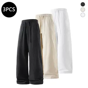 3-Pack Men’s Summer Linen/Cotton Straight-Leg Pants — Casual, Loose Fit, Versatile, Trendy Long Pants for Men