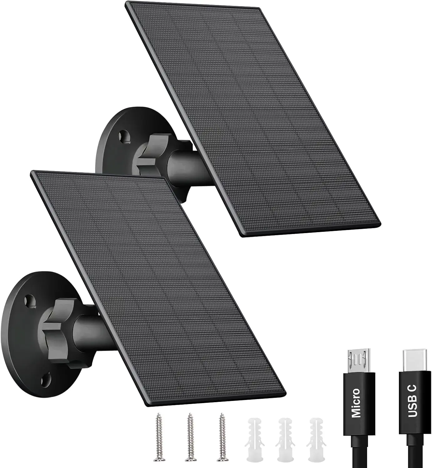 VUEBEE ASA Plastic Dual Solar Panels Kit (2-Pack, Black) - 2W per Unit, 5V USB/Type-C Charger, IP65 Waterproof, 360° Adjustable Mount, 7.2ft Cable for Outdoor Security Camera Charging, Sunlight Powered External Solar Solution