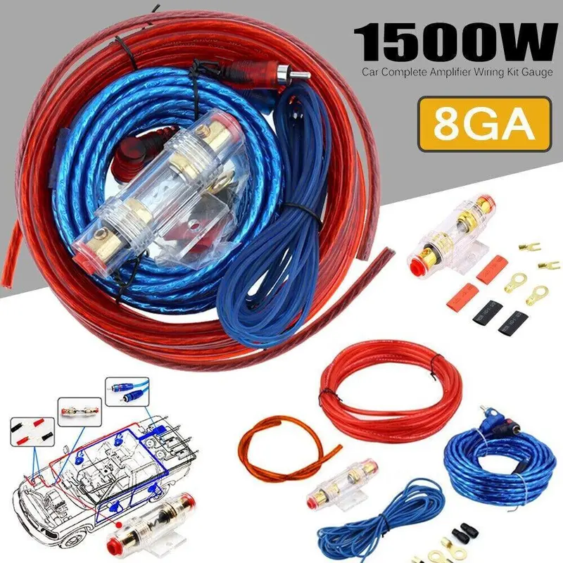 8 AWG 1500W Wired Car Amplifier Wiring Full Set for Car Sound System & Audio Installation, Includes 5m RCA Cable, 0.8m Black Transparent 8ga Ground Cable, 1x AGU 60A Fuse Holder, 18ga Remote Control, Maximum Signal Transfer, Extremely Low Noise