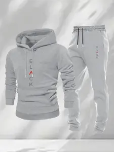 Men's Fall/winter Hooded Sweatshirt Set, Loose Fit Long Sleeve, Casual Letter Pattern, Elastic Waist Pants, Outdoor Sports & Travel, Streetwear Tracksuit Set