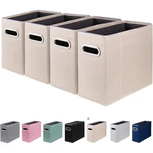 4 Packs Letter Size Collapsible Fabric File Organizer Storage Box - Paper Document Organizer with Metal Handle and Smooth PVC Rails, Beige (Only Box)