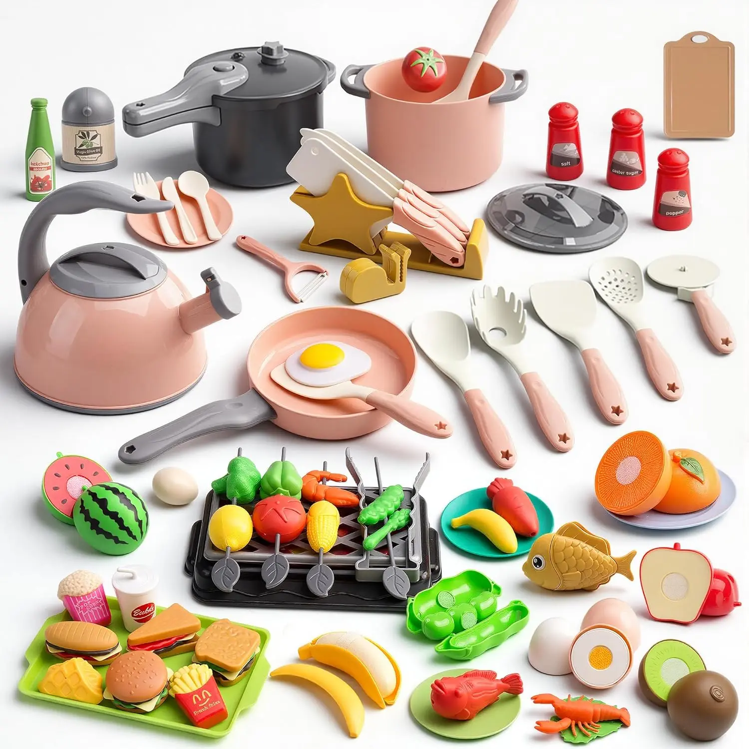 105Pcs Kids Kitchen Toy Accessories, Toddler Pretend BBQ Camping Cooking Playset, Play Pots, Pans, Utensils Cookware Toys, Play Food Set, Vegetables, Learning Gift for Girls Boys