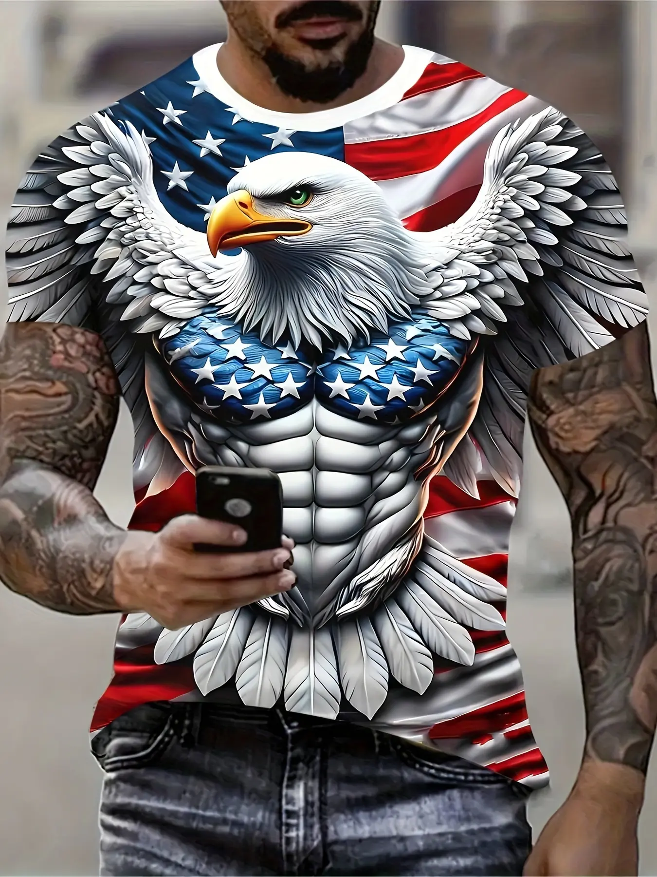 Men's Patriotic 3D Eagle & American Flag Print T-Shirt - Round Neck Casual Streetwear Comfort Polyester Short Sleeve Pullover for Summer Outdoor Activities, American Flag Clothing, Casual Fashion Clothing, Menswear