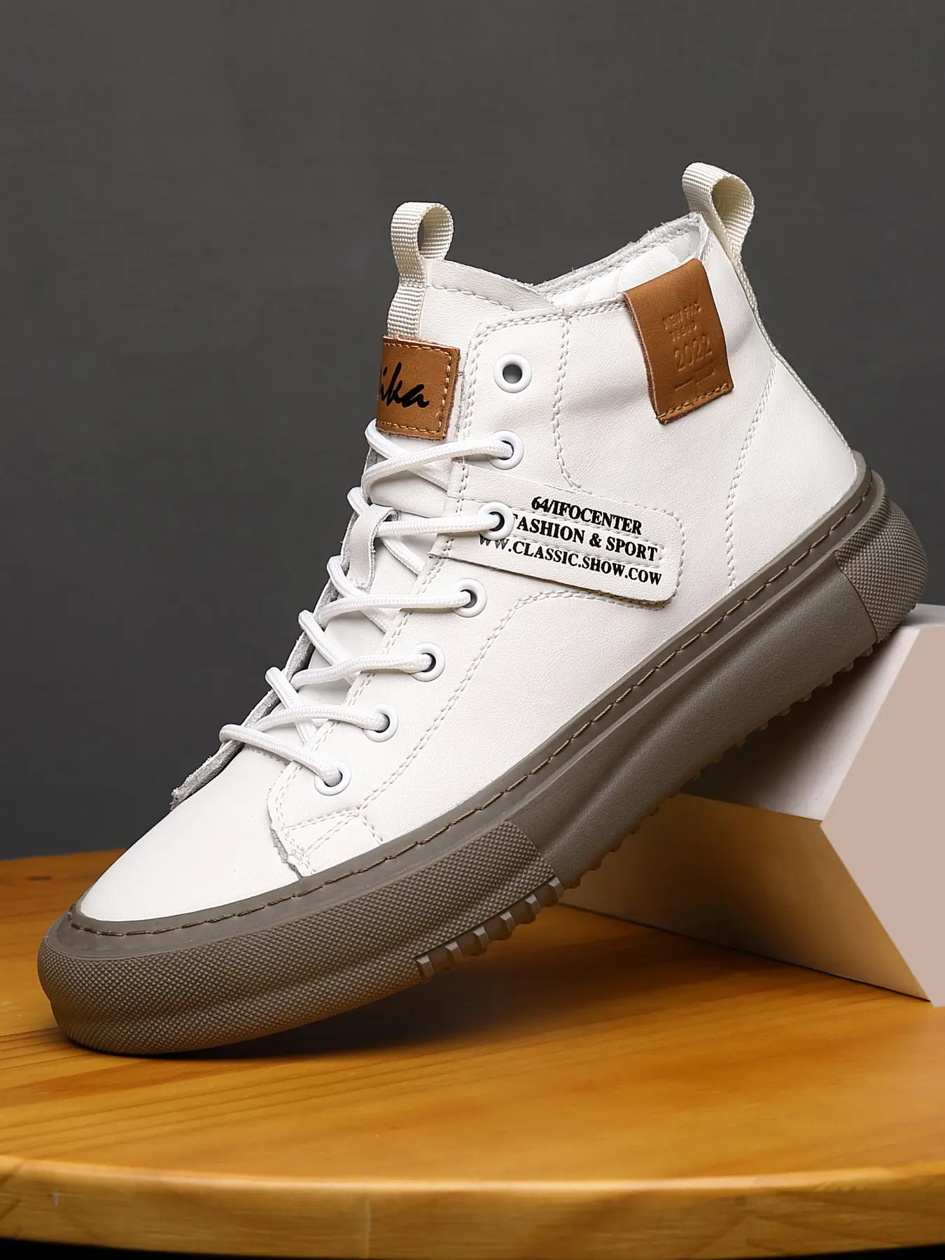 Men's Ankle High Casual Athletic Sports Shoes for Fall & Winter, Thick Sole Rubber Fashion Booties with PU Leather Upper, Versatile Sneakers, Thick Soled Sneakers