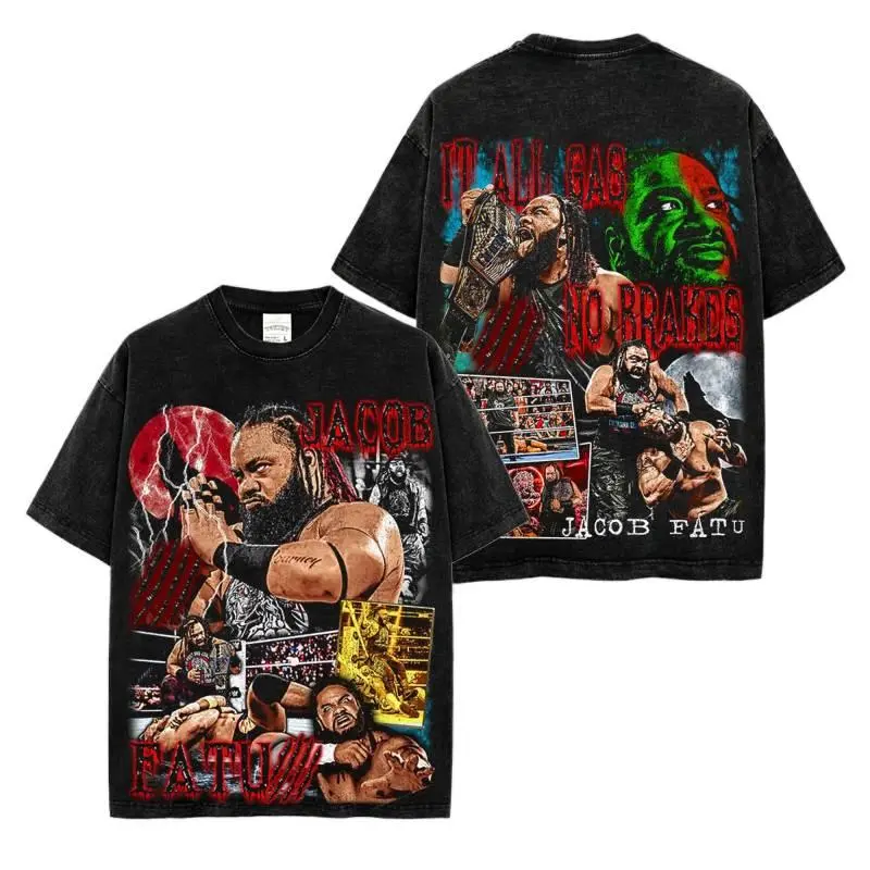 🤼‍♂️🔥 CLASSIC JACOB FATU "ALL GAS NO BRAKES" WRESTLING T-SHIRT – Retro Bloodline Beast Cotton Tee, Oversized Samoan Werewolf Graphic Shirt, Unisex Streetwear Top, Vintage Wrestling Fan Apparel, Gift for Male & Female Fans