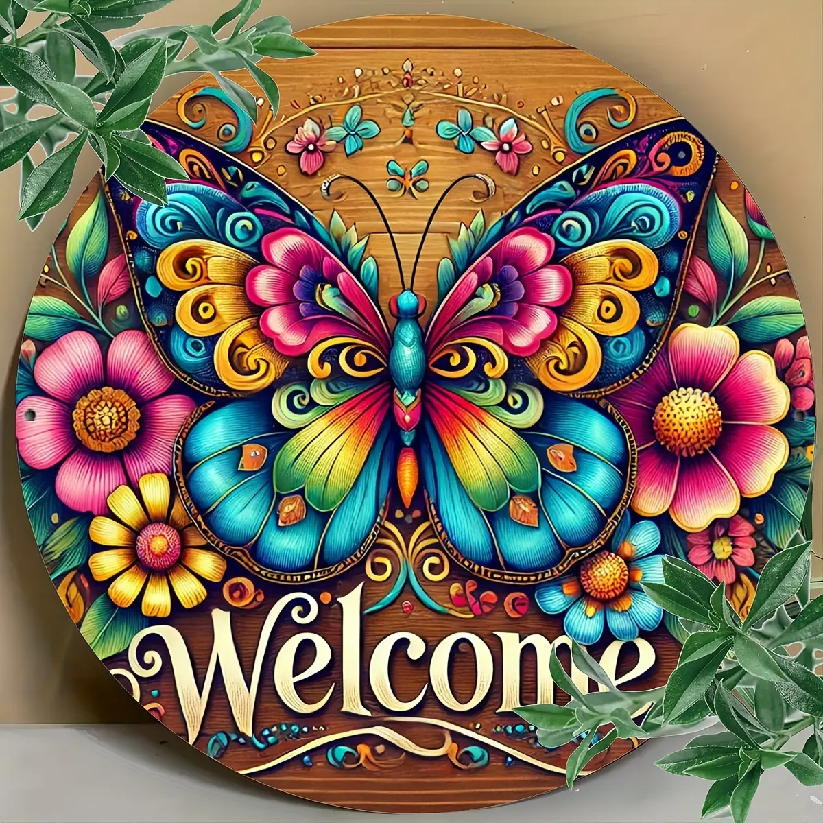 One Piece 7.87x7.87inch Aluminum Rustic Iron Welcome Sign with Colorful Butterfly and Flower Design for Home Room Farmhouse Street Store Garage Bar Garden Cafe Decoration Multi-functional No Electricit Signage Art Decorative Metal Door Hanging