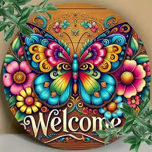 One Piece 7.87x7.87inch Aluminum Rustic Iron Welcome Sign with Colorful Butterfly and Flower Design for Home Room Farmhouse Street Store Garage Bar Garden Cafe Decoration Multi-functional No Electricit Signage Art Decorative Metal Door Hanging