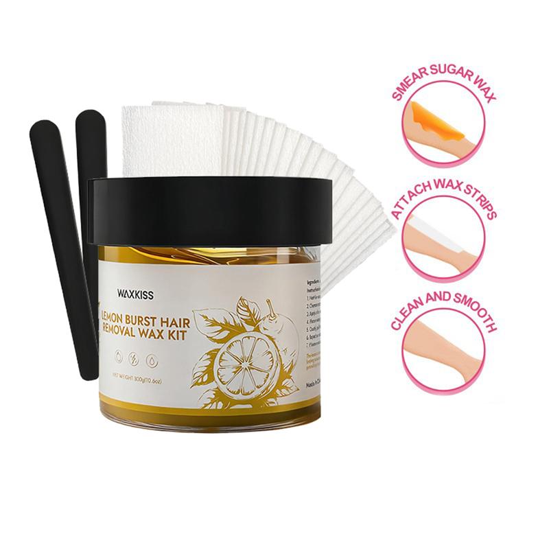 Waxkiss Lemon Burst Hair Removal Wax Kit 10.6oz/300g with 12 Strips & 2 Sticks for Face Eyebrow Body Legs Arms Bikini Back Sensitive Skin All Types