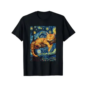Summer t Shirts Cat Lover's Dream: 100% Cotton T-Shirt with Van Gogh-Inspired Starry Night Cat Print