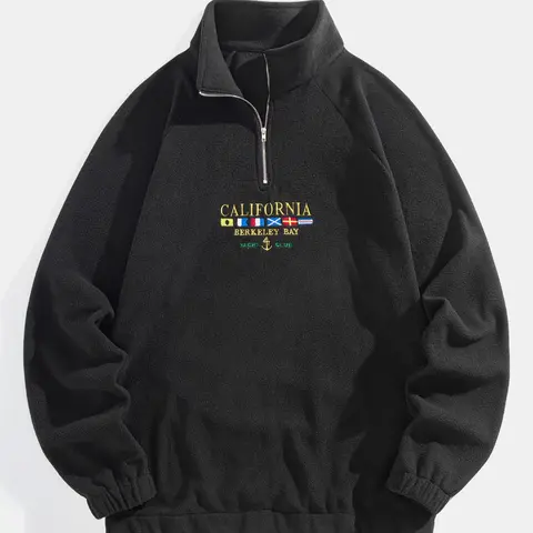 Men's Letter & Flag Embroidery Zip Up Sweatshirt, Casual Raglan Sleeve Long Sleeve Stand Collar Sweatshirt for Fall & Winter, Fashion Men's Clothes for Daily Wear, Casual Sweatshirts
