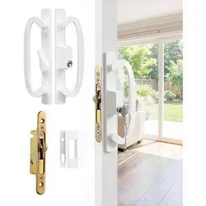 Keyed Sliding Patio Door Handleset, 45° Keyway, 3-15/16" H.C., Fits 1-3/8" to 2" Thick Doors, Non-Handed White Diecast, Offset Position with Mortise Lock Keeper Off Center Thumb Latch