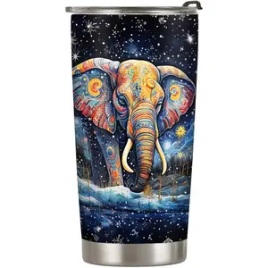 20oz Elephant Gifts for Elephant Lovers, Elephant Coffee Cup, Starry Christmas Elephant Tumbler Cup, Stainless Steel Coffee Thermos Insulated Travel Mug with Lid - Q