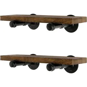 Wall Mounted Floating Shelves, Floating Shelves with Industrial Pipe Brackets Set of 2 Rustic  Storage Shelf for Bedroom Living Room Bathroom Kitchen Office and More (2, Brown)