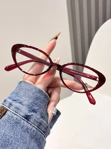 Women's Wine Cat Eye Glasses Frame, College Style Cute Decorative Flat Lens High Quality Eyewear, Fashionable and Stylish Optical Accessories