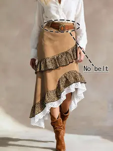 Western Leopard Ruffle Asymmetrical Midi Skirt 🐆 | High Waist Lace Trim Boho Skirt for Women