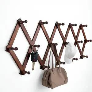 Accordion Peg Rack | 16 Hooks Expandable Wall Rack for Hats, Coat, Tools | Multi-Purpose Wooden Organizer Holds/Hangers Caps,  Bag & Hoodies | Space Saving Room/Garage/Entryway Storage Solution (Brown)